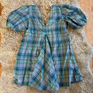 Ganni Multicolor Plaid Kids Blouse with Puff Sleeves